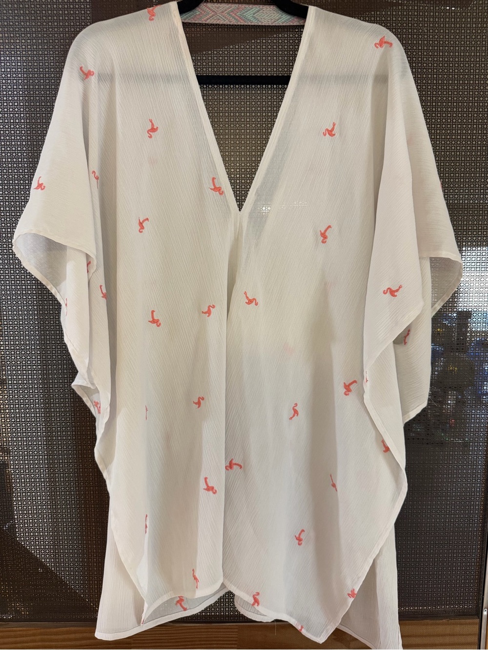 Women's White Swim Cover-Up Kaftan with Coral Embroidered flamingos.